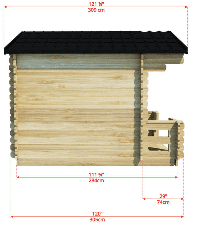 Sideview dimensions of Dundalk Leisurecraft Outdoor Sauna Kit with porch